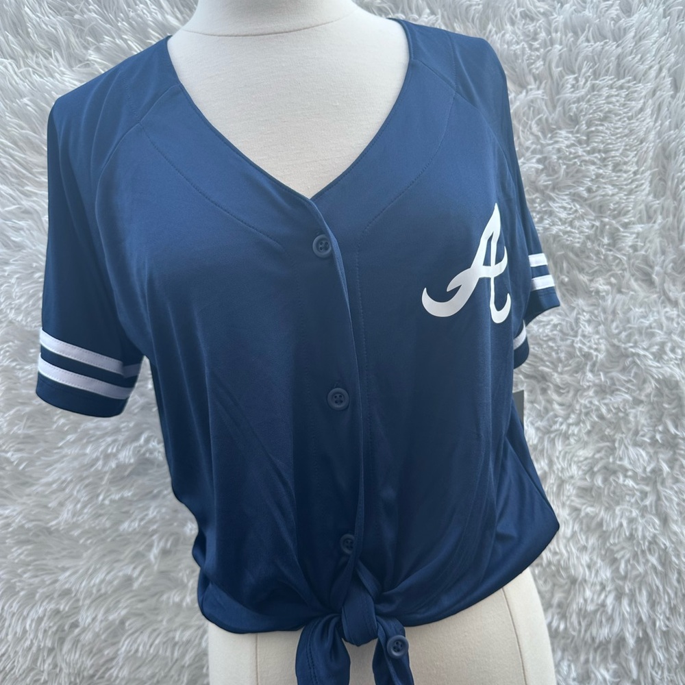 New Mejestic Atlanta Braves Navy Blue Button-Up Tie Front Top medium size
